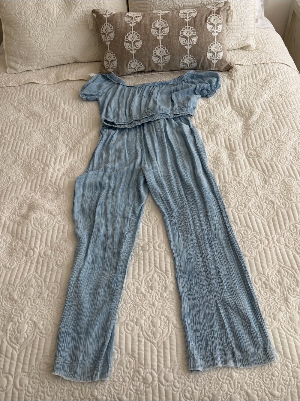 NWT Kiwi + Punch Light Blue Crinkle Gauze Off-Shoulder Jumpsuit Size Small
